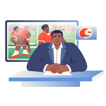 An anchor with medium skin and short black hair is seated at a modern news desk, wearing a dark blue blazer and white shirt. On the screen behind the anchor, there are multiple images of a player with dark brown hair, wearing a red sports uniform. One image shows the player sitting on the field, holding their knee, while another shows them being assisted by medical staff. The studio has soft lighting, casting a warm glow over the scene, and a sports-themed logo is displayed prominently in the corner of the screen. The anchor is looking directly at the camera, with a serious expression, as they begin to report on the injury.