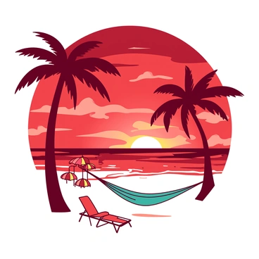 A red sunset casts a warm glow over a tropical beach. Silhouetted palm trees sway gently in the breeze, their long shadows stretching across the soft white sand. In the foreground, a teal hammock is strung between two palm trees, inviting relaxation. Colorful beach umbrellas dot the shoreline, and a few beach chairs are positioned near the water's edge. The ocean waves gently lap against the shore, reflecting the deep hues of the sunset. In the sky, wispy clouds are painted in shades of orange and pink, creating a picturesque atmosphere perfect for a travel magazine cover.