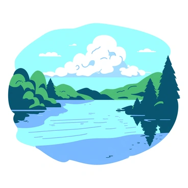 A tranquil lake surrounded by lush greenery is mirroring a dramatic cloud formation shaped like a violin in the clear sky above. The water's surface is still, capturing the details of the cloud's unique outline. Gentle ripples occasionally disturb the reflection, enhancing the serene atmosphere. The sun is shining brightly, casting soft shadows from the surrounding trees onto the lake's edge.