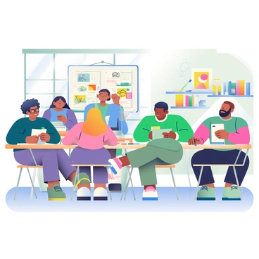 An illustration workshop is taking place in a bright, spacious room filled with natural light. Several participants with diverse appearances, including individuals with short curly hair, long straight hair, and various skin tones, are seated at wooden tables, each equipped with sketchbooks, pencils, and colorful markers. One participant, a woman with glasses and a blue shirt, is demonstrating a technique to a small group, who are watching attentively and taking notes. Another participant, a man with a beard and a green sweater, is focused on his sketch, adding vibrant colors to his drawing. In the background, a large whiteboard displays different illustration techniques with colorful illustrations, while shelves filled with art supplies and books line the walls. The atmosphere conveys excitement and creativity as everyone engages in learning new skills.