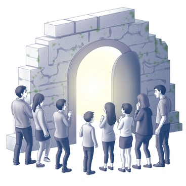 An arched doorway set within a rugged stone wall. The doorway emits a soft, glowing light that illuminates the area around it. Several curious onlookers, with varied expressions of awe and intrigue, stand nearby. The crowd consists of individuals of different ages and appearances, some with hands on their chins, others with hands on hips, all gazing intently at the door. The stone wall features detailed textures, with visible moss and cracks, adding to the atmosphere of mystery.