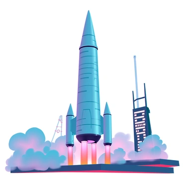 A sleek, metallic rocket standing upright on a futuristic launchpad. The rocket is cylindrical with a pointed tip and various intricate lines and paneling across its surface. Bright orange and blue flames are erupting from its engines at the base, casting a vivid glow on the surrounding area. Thick, swirling plumes of smoke are rising up, partially obscuring the bottom section of the rocket. In the background, an array of futuristic control towers and structures can be seen, all bathed in the warm light of dawn. The scene conveys an intense energy as the countdown to takeoff is underway.