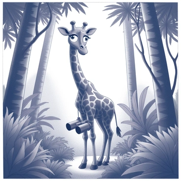 A curious giraffe mascot with large, expressive eyes stands in a dense jungle. The giraffe's long neck allows it to peer over the thick foliage and intertwining vines. It holds a pair of binoculars in its front hooves, pointed towards the treetops. Surrounding the giraffe are tall trees with wide trunks and a variety of lush green leaves. The underbrush is filled with ferns and other jungle plants, creating a rich texture. Sunlight filters through the canopy, illuminating the giraffe and the vibrant surroundings.