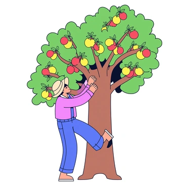 A gatherer with a straw hat is climbing a tall tree with a sturdy trunk and lush green leaves. The branches are thick and full of vibrant fruits, mostly in shades of red and yellow. The gatherer reaches high, stretching their arms toward a cluster of fruits hanging just out of reach. Sunlight filters through the leaves, casting dappled shadows on the ground below.