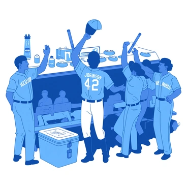 A group of baseball players in blue uniforms is gathered in the dugout, celebrating a recent victory. Prominent among them is a player with the number "42," representing "Jackie Robinson," who is animatedly raising his arms in triumph. His teammates are clapping and cheering, with some holding baseball caps above their heads. Behind them, wooden benches are lined with baseball bats and a cooler filled with water bottles can be seen. The atmosphere is lively, filled with joy and camaraderie.