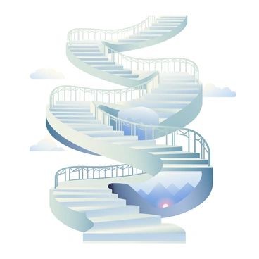 A series of infinite stairs twist and turn in various directions. The stairs are made of a smooth, light gray stone, and they appear to stretch endlessly both upward and downward. Each flight of stairs features intricately carved railings with delicate patterns. Surrounding the stairs, there are floating clouds that give a sense of height, and soft light illuminates the scene from an unseen source. There are hints of a surreal landscape visible through gaps between the stairs, including distant mountains and swirling mists.