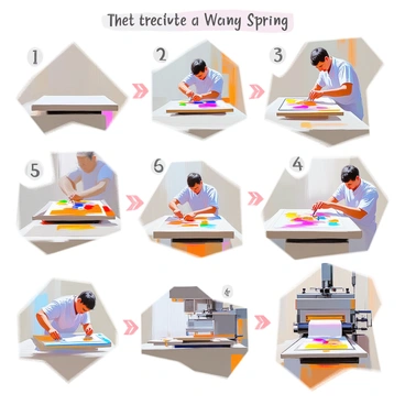A detailed visual guide illustrating the lithography process, showcasing each step involved. The first image features a large stone slab, with a technician preparing the surface by smoothing it. The second image depicts the technician drawing an image with a greasy pencil on the stone. The third step shows the stone being treated with a chemical solution, causing the greasy areas to repel water. The fourth image captures the process of applying ink to the stone, with vibrant colors visible on the surface. Next, the technician is seen placing a sheet of paper onto the inked stone. The final step shows the pressing process, where the paper and stone are run through a printing press, revealing a printed image. Each image is clearly labeled with the corresponding step number.