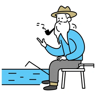 An elderly fisherman with a long white beard is sitting on a wooden stool beside a fishing hole. He is wearing a weathered brown hat and a blue plaid shirt. The fisherman is holding a pipe in one hand, smoke gently rising from it. His fishing rod is propped against the stool, while a small tackle box is placed beside him. The scene captures a moment of tranquility, with ripples in the water and a soft breeze blowing through the surroundings.