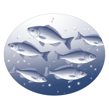 A school of cod fish swimming in the deep ocean. The fish are streamlined and have distinct curved bodies, with fins actively propelling them through the water. Each cod is shown with a slightly varying arrangement of spots and patterns along their sides. Bubbles are rising around them as they navigate through the water. The scene captures the fluid motion of the group, with some fish trailing slightly behind the leaders. The background features the deep ocean, with a sense of depth and movement.