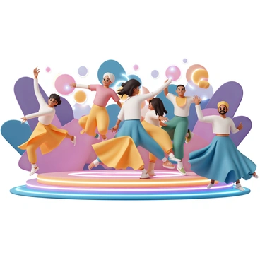 A group of dancers, dressed in colorful costumes featuring flowing fabrics, are performing on a vibrant stage. Their movements are sharp and fluid, resembling hook-like gestures that express energy and rhythm. Each dancer has a unique pose; some are leaping while others are spinning gracefully. The stage is illuminated with bright lights, casting vivid colors that enhance the dynamic atmosphere. The background features abstract shapes in contrasting colors, adding to the sense of movement and excitement.