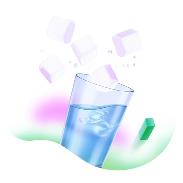 An illustration depicting a clear glass filled with water. The glass is partially filled, showing ripples on the water's surface. Several sugar cubes are shown above the glass, descending towards the water. As the sugar cubes make contact with the water, they are depicted partially dissolved, with small swirling patterns and bubbles forming around them. Light reflections can be seen on the glass, enhancing the visual effect of the water. The background features soft pastel colors to create a harmonious atmosphere.