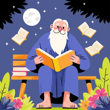 An elderly wizard with a long white beard, wearing a deep blue robe, is sitting on a wooden bench in a lush garden. He is immersed in a large, open book resting on his lap, with a gentle expression on his face. Soft moonlight casts a silvery glow over the scene, illuminating colorful flowers and green foliage surrounding him. Several books are magically floating in the air around him, each book slightly opened, as if sharing their knowledge. The night sky is dotted with twinkling stars, and a faint shadow of a tree can be seen in the background.