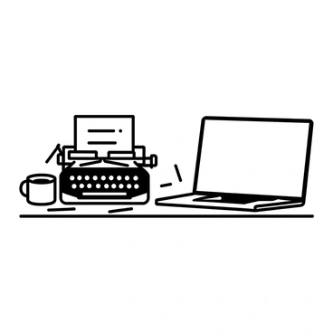 A split desk featuring an old typewriter on the left side. The typewriter has a vintage design with round keys and a paper insert. On the right side of the desk, there is a sleek laptop with a thin profile and a bright screen, slightly open. The desk surface is wooden, showing a natural grain texture, and there are scattered papers and a pen beside the typewriter. An empty coffee mug sits near the laptop, completing the scene.