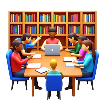 A diverse group of students, including individuals of various ethnicities, working together on a project in a library. Each student is seated around a large wooden table cluttered with notebooks, laptops, and reference books. The library has tall shelves filled with books in the background and warm lighting illuminating the scene. One student is pointing to a laptop screen, while another is writing notes in a notepad. A third student is flipping through a book for references. The atmosphere is focused and engaged as they collaborate on their project.