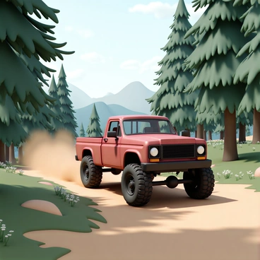 A rugged American pickup truck, painted in a deep red color, is driving along a narrow dirt trail surrounded by a dense forest. The truck features large, all-terrain tires and a raised suspension, giving it an imposing presence. The forest is lush with tall green trees, their leaves filtering sunlight and casting dappled shadows on the ground. Dust is kicking up behind the truck as it navigates the uneven terrain, and a few wildflowers can be seen along the edges of the trail. The atmosphere is vibrant and full of life, with hints of distant mountains visible through the trees.