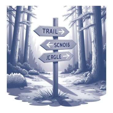 A wooden signpost stands prominently in a lush forest, surrounded by dense foliage and towering trees. The signpost features multiple directional arrows, each labeled with different trail names. The letters on the sign are carved clearly and prominently. Sunlight filters through the leaves, casting dappled shadows on the forest floor. The ground is covered with rich, dark soil and patches of underbrush, adding to the vibrant atmosphere of nature.