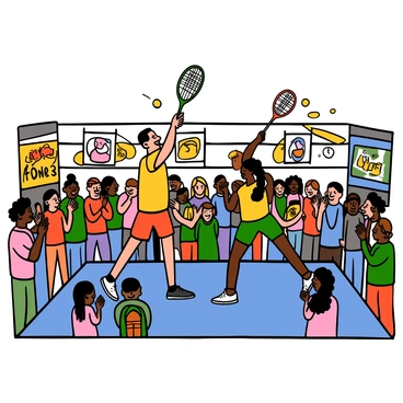 A lively store setting filled with spectators watching a demo day event featuring professional badminton players. The players are demonstrating various techniques, including powerful smashes and precise serves. One player, a light-skinned man with short black hair, is performing a high jump serve, while another player, a dark-skinned woman with braided hair, is executing a backhand stroke. The spectators, a mix of children and adults, are clapping and cheering, with some holding badminton rackets. Banners with badminton graphics are displayed throughout the store, and there are colorful posters promoting badminton gear on the walls.