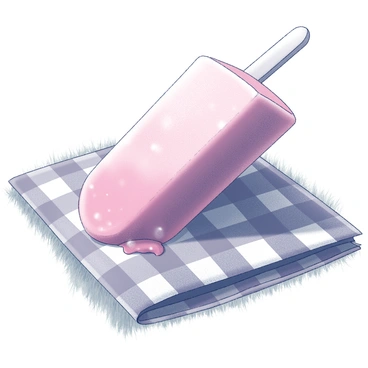 A lychee popsicle with a textured surface, showing melting drops of liquid trickling down its sides. The popsicle is placed on a picnic blanket with a checkered pattern, featuring a sunny outdoor setting. The blanket is spread on grass, and the sunlight creates soft shadows around the popsicle, highlighting its shape and the glistening moisture on its surface.