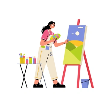 Juliet is standing in front of an easel, holding a paintbrush in one hand and a palette in the other. She is focused on a large rectangular canvas, where vibrant colors depict a scenic landscape with rolling hills and a bright blue sky. Juliet has long, flowing hair and is wearing a paint-splattered apron over casual clothing. Around her, there are various paint tubes and brushes scattered on a small table, along with a bucket of water. The scene captures her deep concentration and passion for painting as she leans slightly forward, immersed in her creative process.
