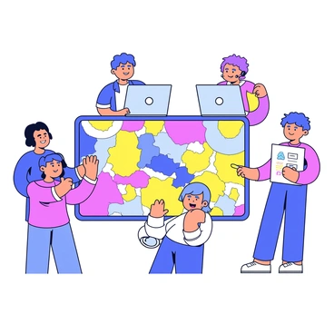 A group of students is working collaboratively on a large digital mural displayed on a computer screen. Each student is in a separate location, represented by individual computers with colorful backgrounds. The students are shown in various poses, like one pointing at the screen, another drawing with a stylus, and another discussing ideas on a headset. Each computer has vibrant artwork in progress, showcasing a mix of bright colors and creative patterns for the mural. The scene conveys a sense of teamwork and creativity.