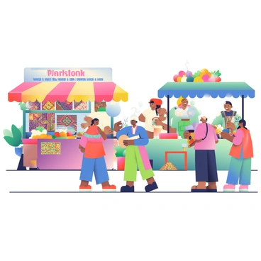A bustling open-air marketplace is filled with diverse vendors. Stalls are adorned with colorful awnings, showcasing a variety of goods from different cultures. One stall displays vibrant textiles in rich patterns, while another offers an array of spices in glass jars, their bright colors contrasting beautifully. People of various ethnicities are engaged in lively exchanges, with a vendor demonstrating the preparation of traditional street food, steam rising from the grill. In the background, a musician plays a cheerful tune on a guitar, adding to the lively atmosphere. Brightly colored fruits and vegetables are stacked high on another table, creating a feast for the eyes.