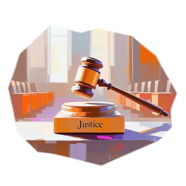 A large gavel striking a block labeled 'Justice' in a courtroom