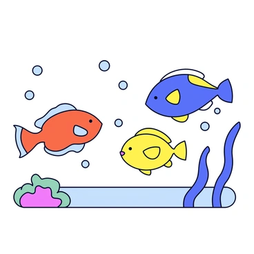 A variety of fish of different species swimming together. The scene includes a bright orange clownfish, a blue tang with vibrant colors, and a yellow tang. Each fish is distinct in shape and color, showcasing their unique patterns. The water is clear, and there are small bubbles rising around the fish as they move through the scene. Some colorful coral formations can be seen in the background, providing a natural habitat for the fish.