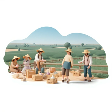 A group of farmers, wearing straw hats and rustic clothing, are engaged in trading grains and seeds on a sprawling ancient farmland. The farmers are gathered around wooden crates filled with various grains, including wheat and corn, while exchanging them for bags of seeds. Lush green fields stretch out in the background, dotted with patches of colorful wildflowers. A wooden fence lines the distance, and a few trees provide shade, while a clear blue sky overhead completes the scene.