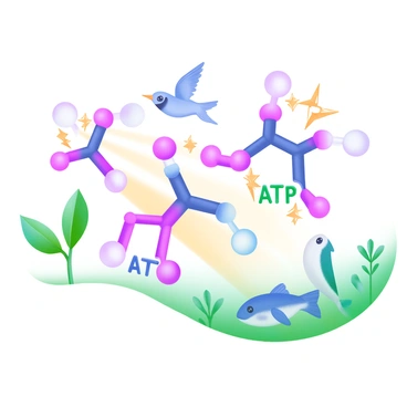 A modern pastel illustration showing several ATP molecules, represented as vibrant, colorful structures with three phosphate groups attached. These ATP molecules are depicted radiating energy, indicated by sparkles and light beams. Surrounding the ATP molecules are various living organisms, including a green plant with leaves, a blue bird in mid-flight, and a small fish swimming. Each organism shows signs of energy and vitality, highlighting the role of ATP as fuel for life.