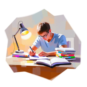 An individual with short brown hair and glasses is sitting at a wooden desk, deeply focused as they write a resume. The person is wearing a casual blue shirt and has a pen in hand, poised over a sheet of paper. Surrounding them are various reference books with colorful spines, stacked neatly and open to pages filled with notes. A small desk lamp casts a warm light over the scene, illuminating the workspace. The atmosphere conveys a sense of concentration and dedication to the task at hand.