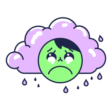 An illustration of a face that appears sad, featuring big teary eyes and a pronounced frown. The face is centered, with grey rain clouds hovering around it, creating a sense of gloom. The clouds have various shapes and sizes, with some drops of rain falling down. The overall composition emphasizes the expression of sadness and the dreary atmosphere created by the surrounding clouds.
