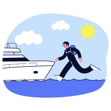 A scuba diver wearing a black wetsuit and a blue diving mask is jumping off the side of a white yacht. The diver has a tank secured on their back and their legs are bent as they leap into the "crystal-clear sea" below. The water is a vibrant blue, with gentle ripples created by the diver's entry. The yacht is anchored with its sails neatly folded, and the sun casts a bright light, highlighting the scene. The sky above is clear with a few fluffy white clouds.