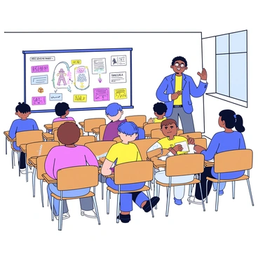 A lecture hall filled with wooden desks arranged in rows. At the front of the room stands a professor with glasses, gesturing animatedly while holding a pointer. The professor is surrounded by a whiteboard covered in colorful diagrams and notes related to art history. Students of diverse backgrounds are seated at their desks, looking engaged and taking notes. Sunlight filters through large windows, illuminating the space and creating a warm atmosphere.