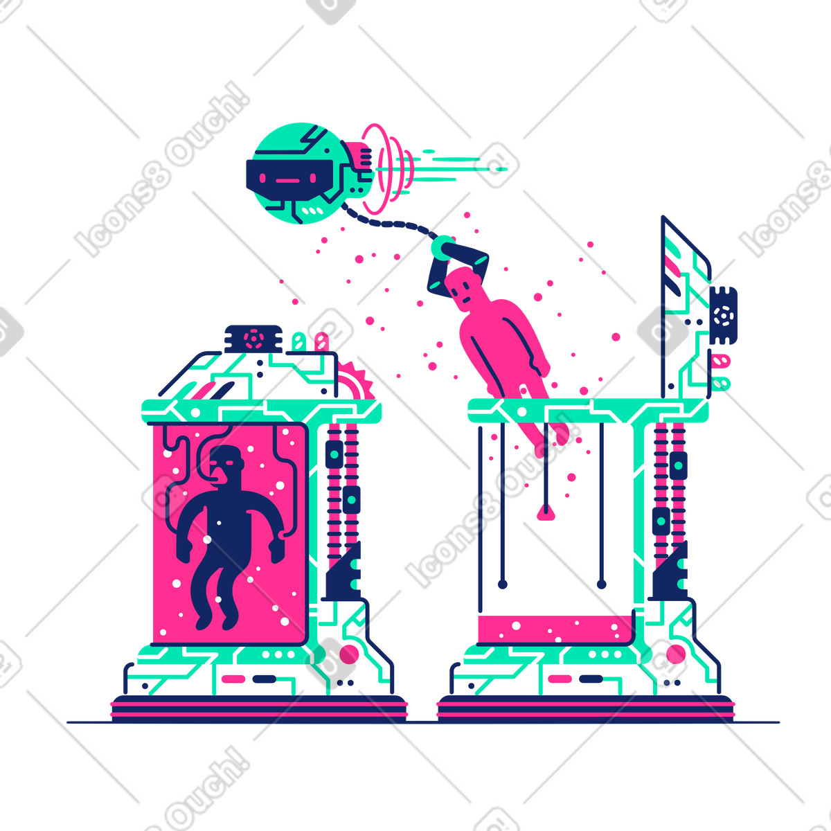 Extracting clone from biochamber, Logged out or session end illustrazione in stile Cyborg scarica in PNG, SVG