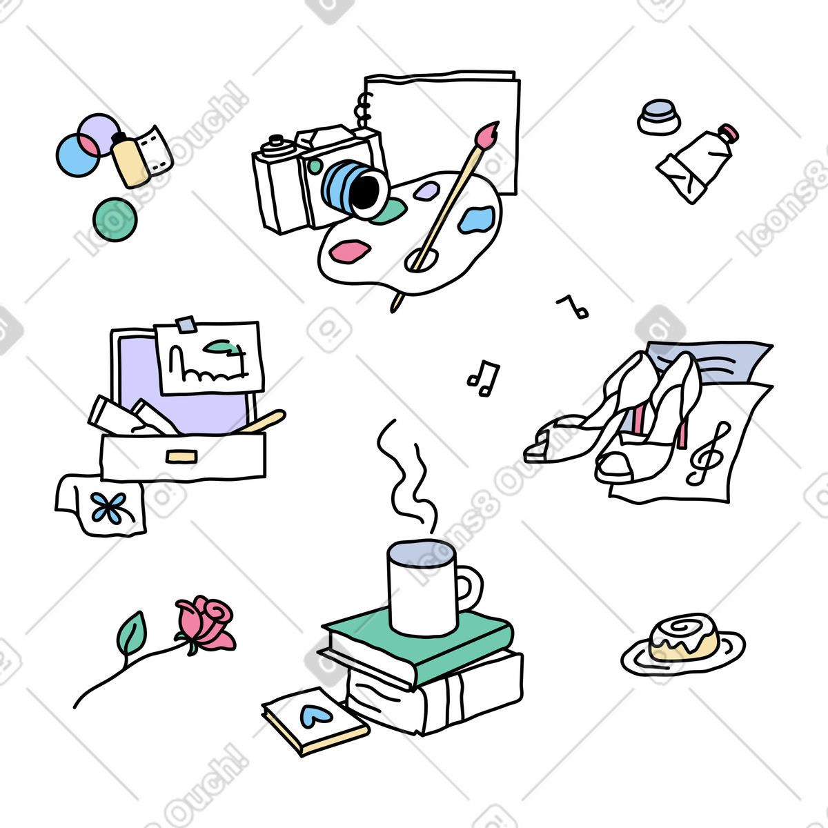 Stillleben mit verschiedenen persönlichen hobbys-Illustration im Notes-Stil als Download in PNG, SVG