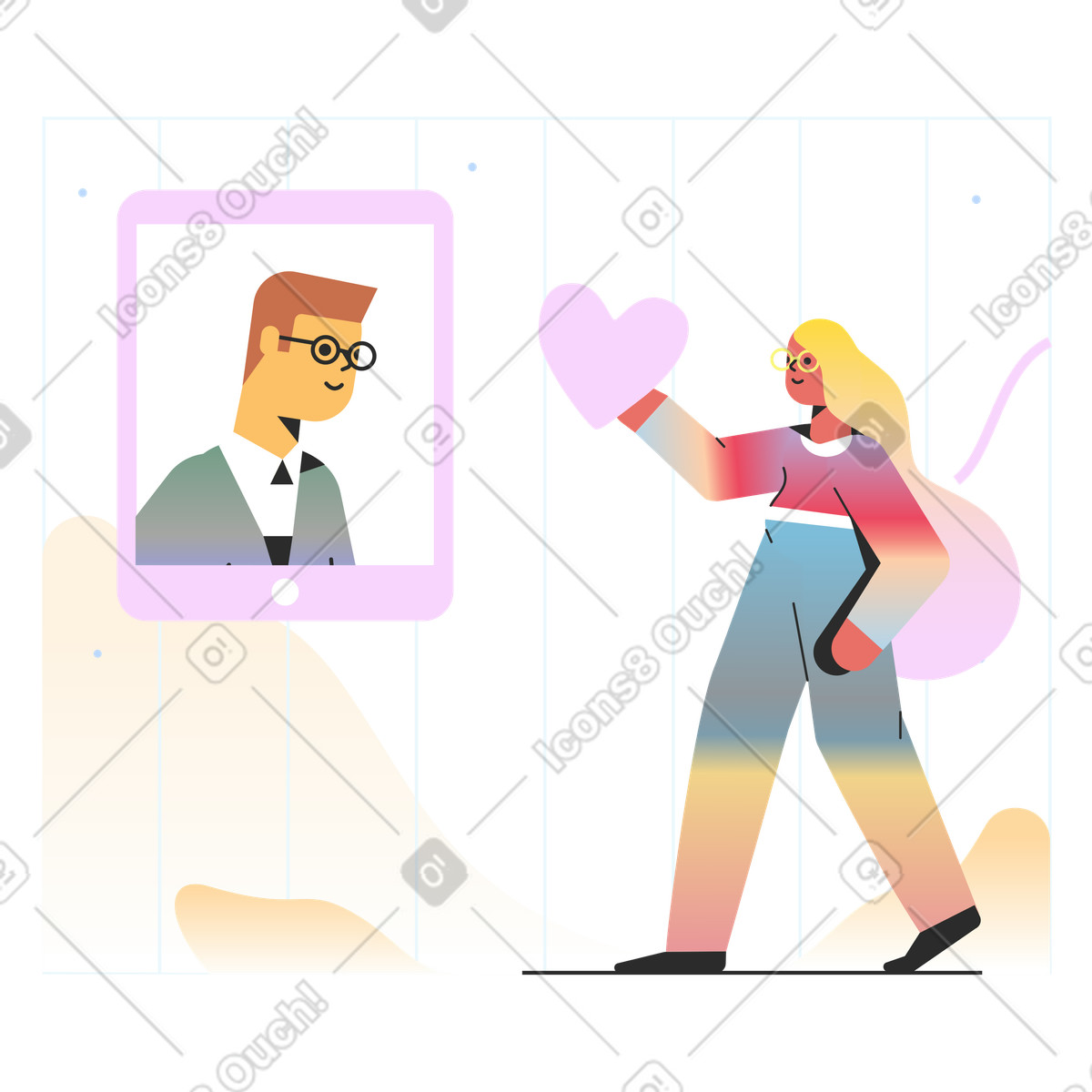 Woman showing her love during video call illustration in Marginalia style download in PNG, SVG