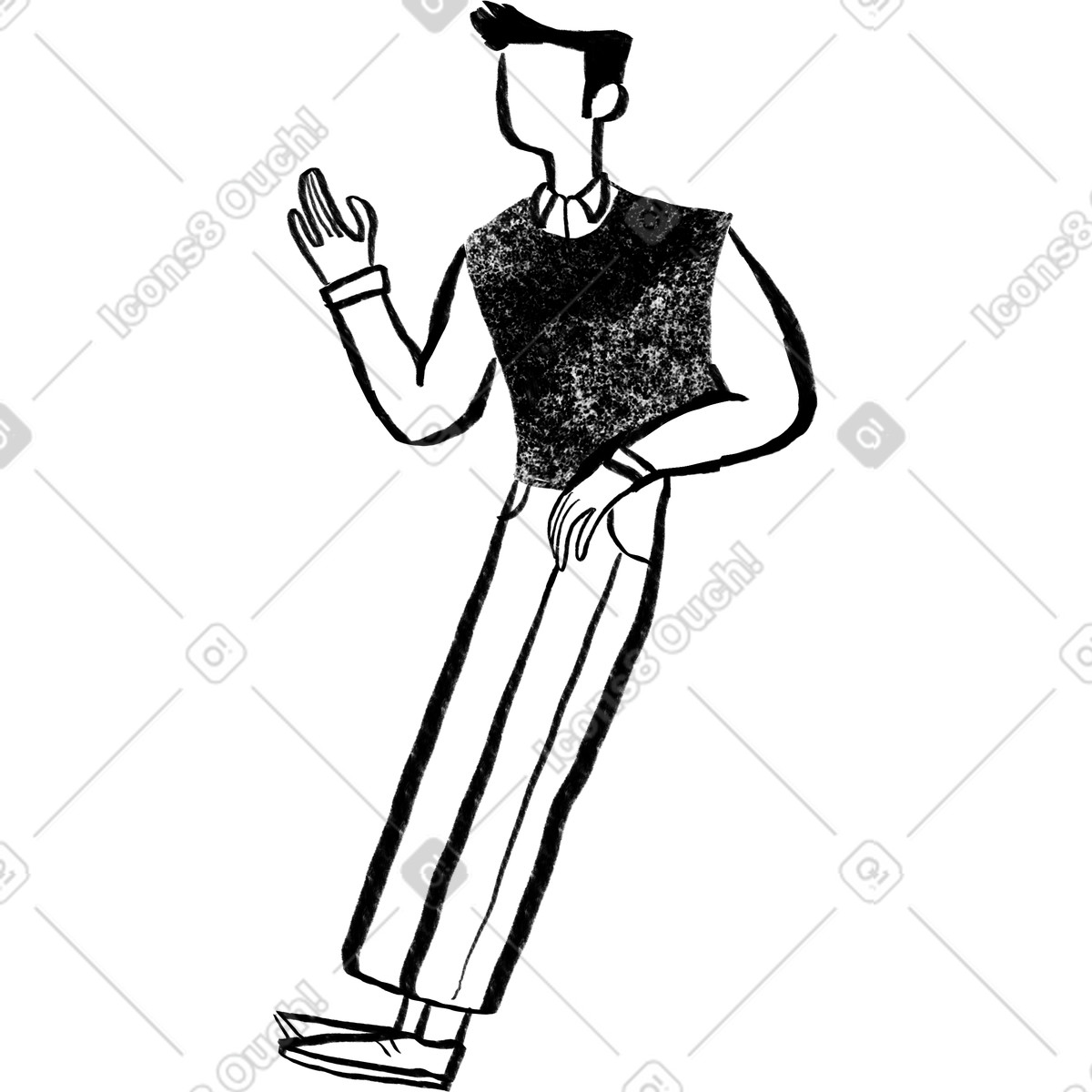 Black and white short haired man standing by leaning on an object illustration in Company style download in PNG, SVG