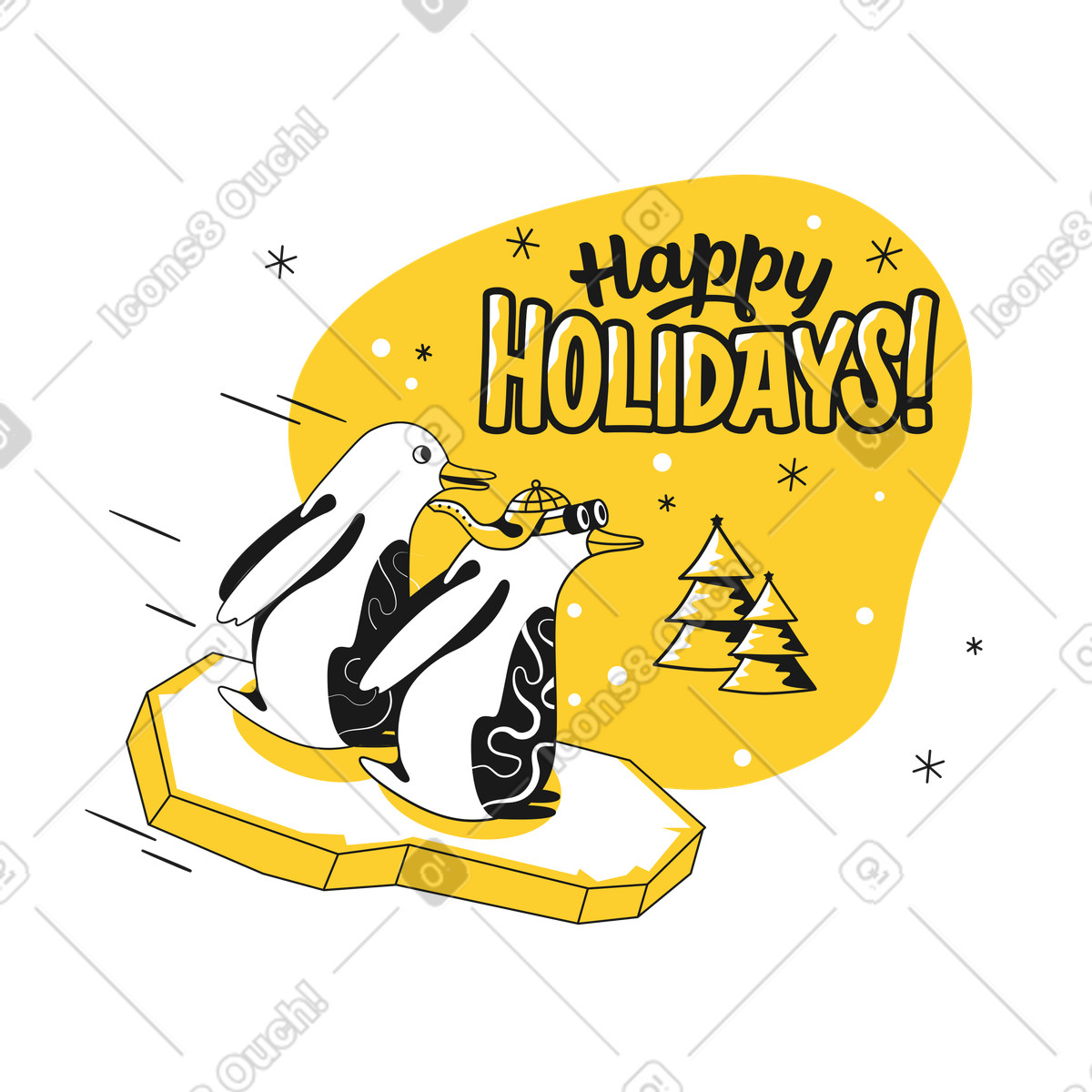 Happy Holidays text and two penguins riding on an ice floe illustration in Taxi style download in PNG, SVG