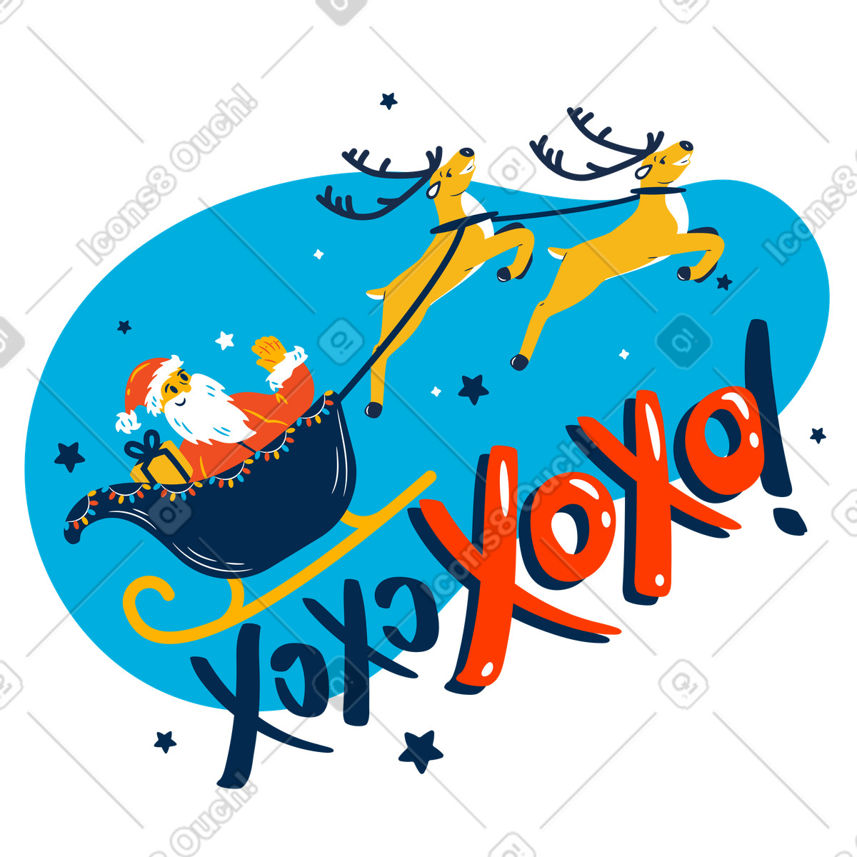 Der weihnachtsmann fliegt auf einem weihnachtsschlitten mit rentieren-Illustration im Flame-Stil als Download in PNG, SVG
