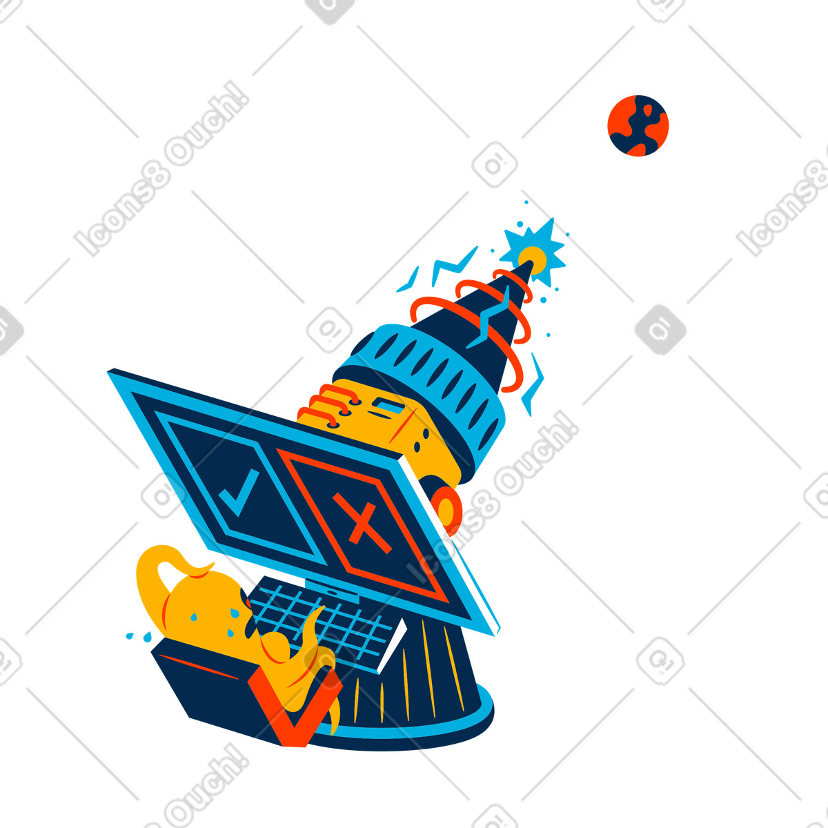 Panicking alien at futuristic laser weapon with confirmation options, Hard choice or delete concept illustration in Flame style download in PNG, SVG