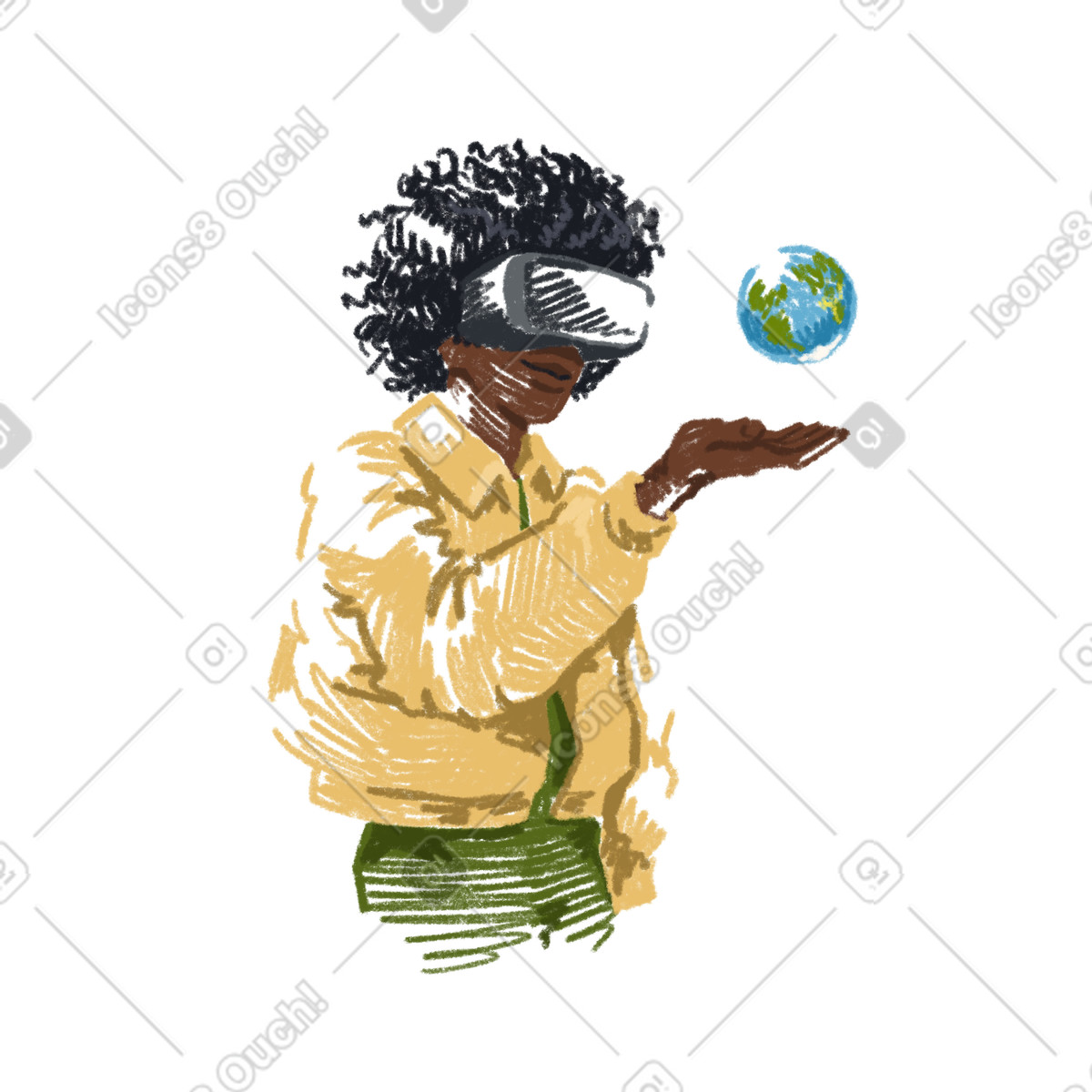 Ilustración Mujer con gafas vr sosteniendo el globo en estilo Sketchbook a descargar en PNG y SVG