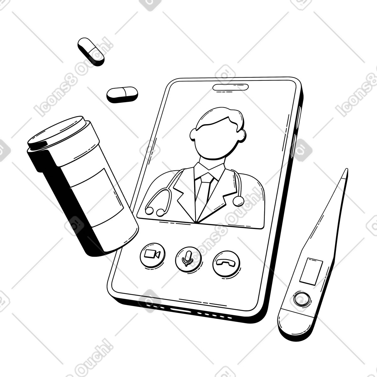 Ilustração animada de Médico na tela do smartphone com remédios e termômetro, telemedicina consulta online em no estilo 3D Techny Line para baixar em GIF, Lottie (JSON), AE