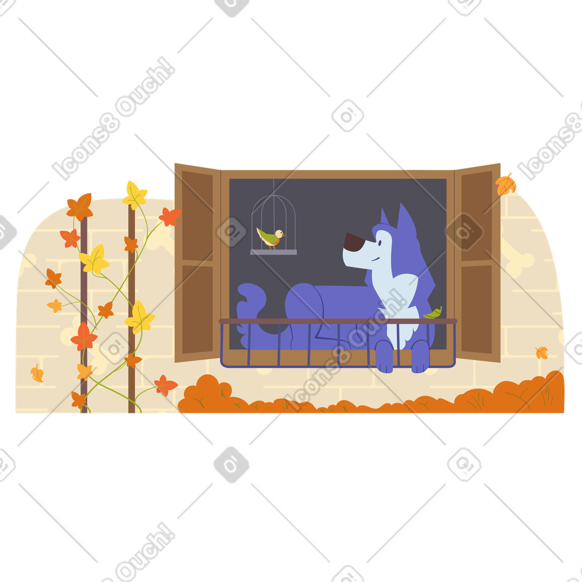 Cane e uccello in gabbia vicino alla finestra una giornata autunnale illustrazione stile Woof scarica PNG, SVG