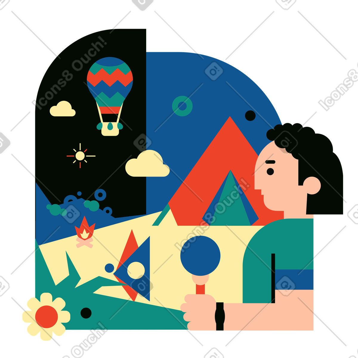 Man on a camping trip enjoying outdoors illustration in Polar style download in PNG, SVG