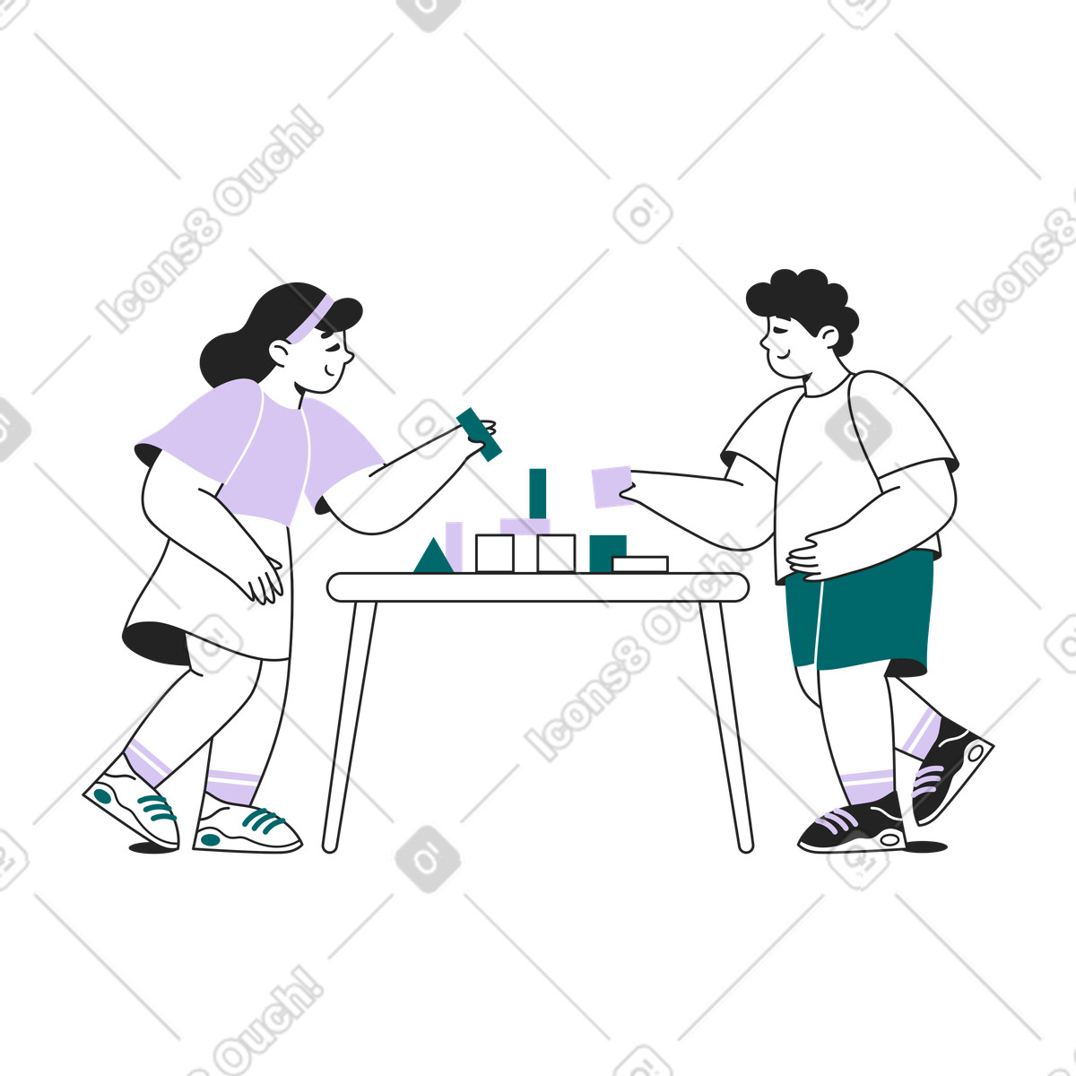Children engaged in tabletop block game, Creative group activity for kids illustration Sammy Line style download PNG, SVG