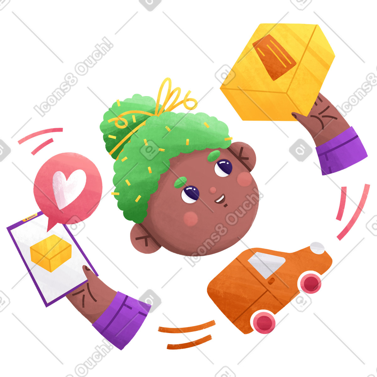 Ilustración Happy customer with parcel and smartphonephone, Mobile ordering delivery en estilo Bonbon a descargar en PNG y SVG