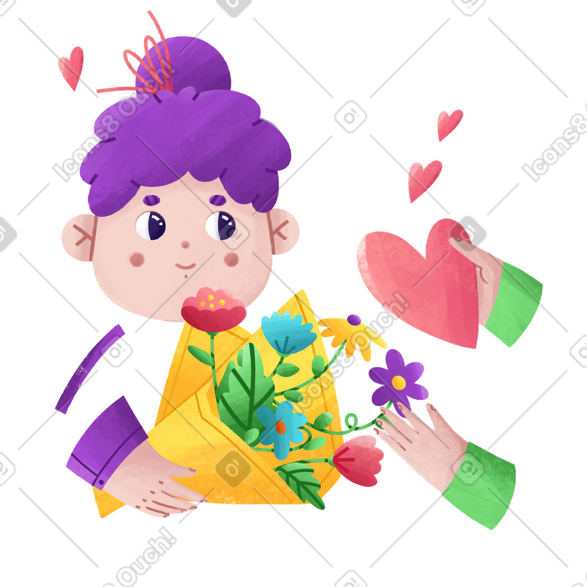 La ragazza riceve fiori e un cuore dal suo amante illustrazione in stile Bonbon scarica in PNG, SVG
