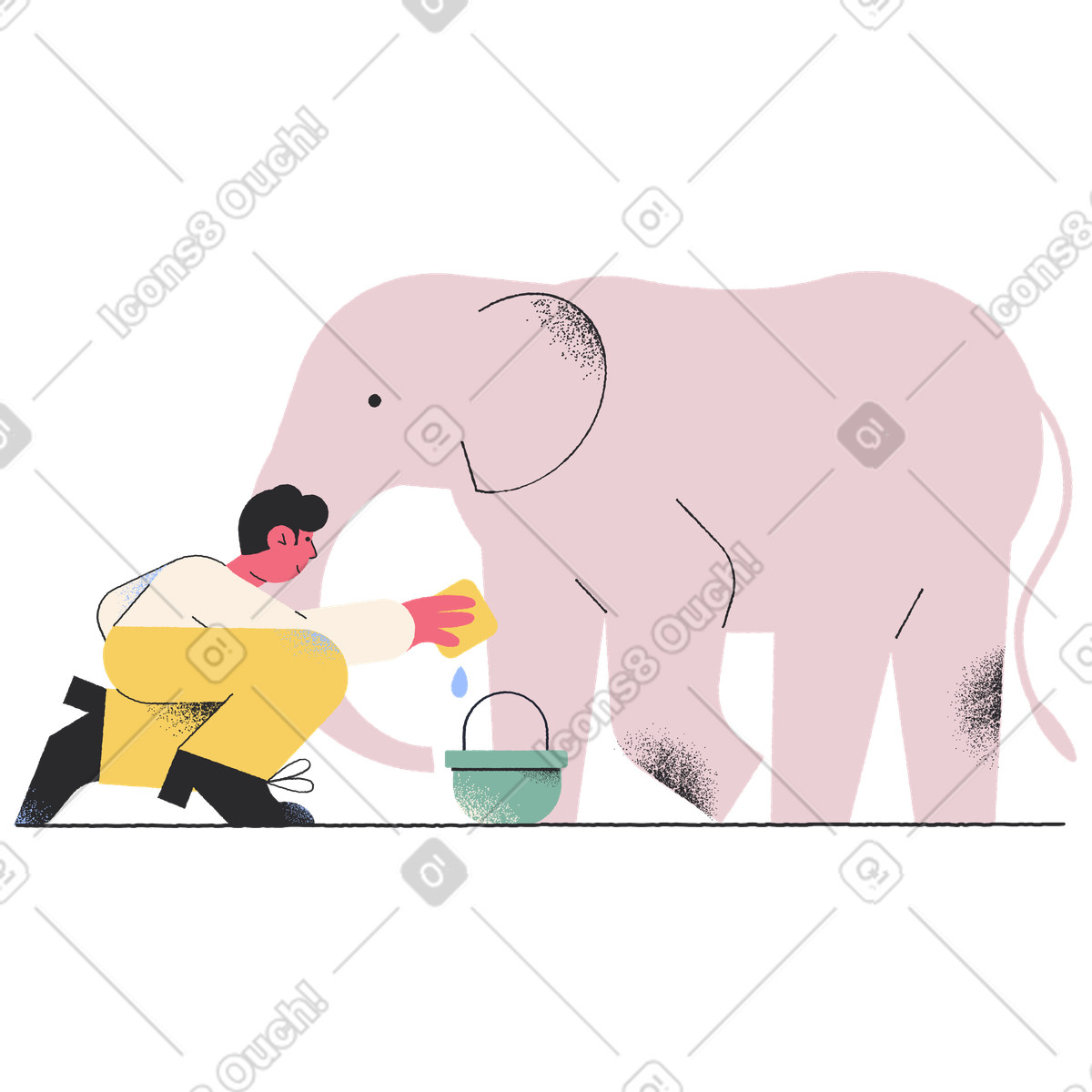 Man washing an elephant at wildlife sanctuary illustration in Pablo style download in PNG, SVG