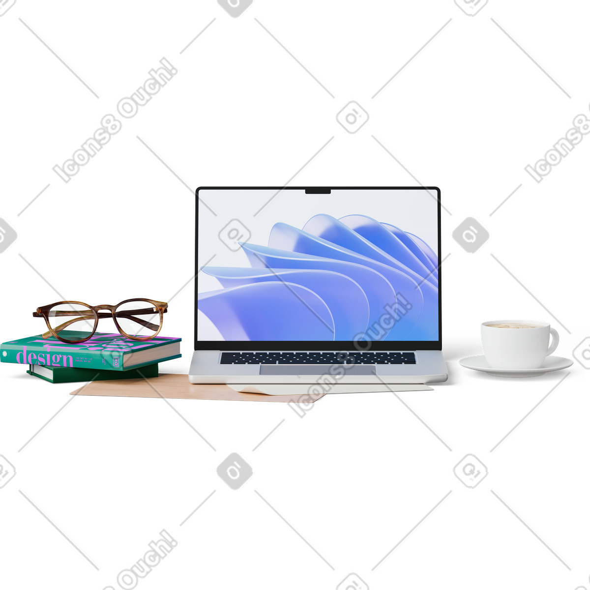 Front view of workspace with laptop and books illustration in PNG, SVG