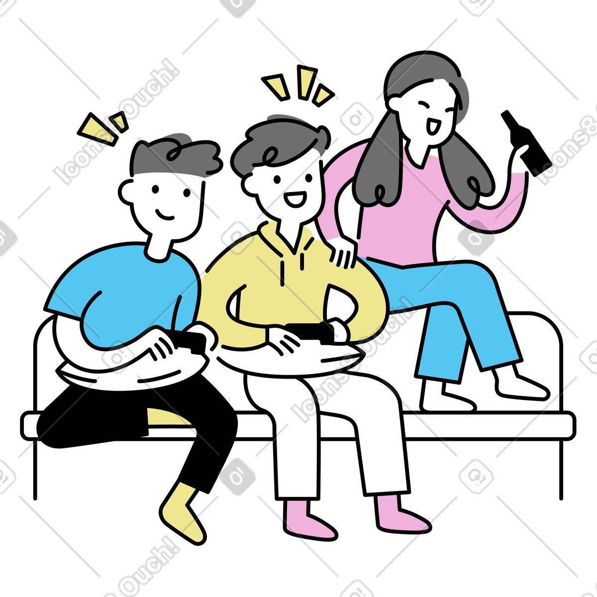 Gruppe von freunden, die videospiele spielen-Illustration im Mochi-Stil als Download in PNG, SVG